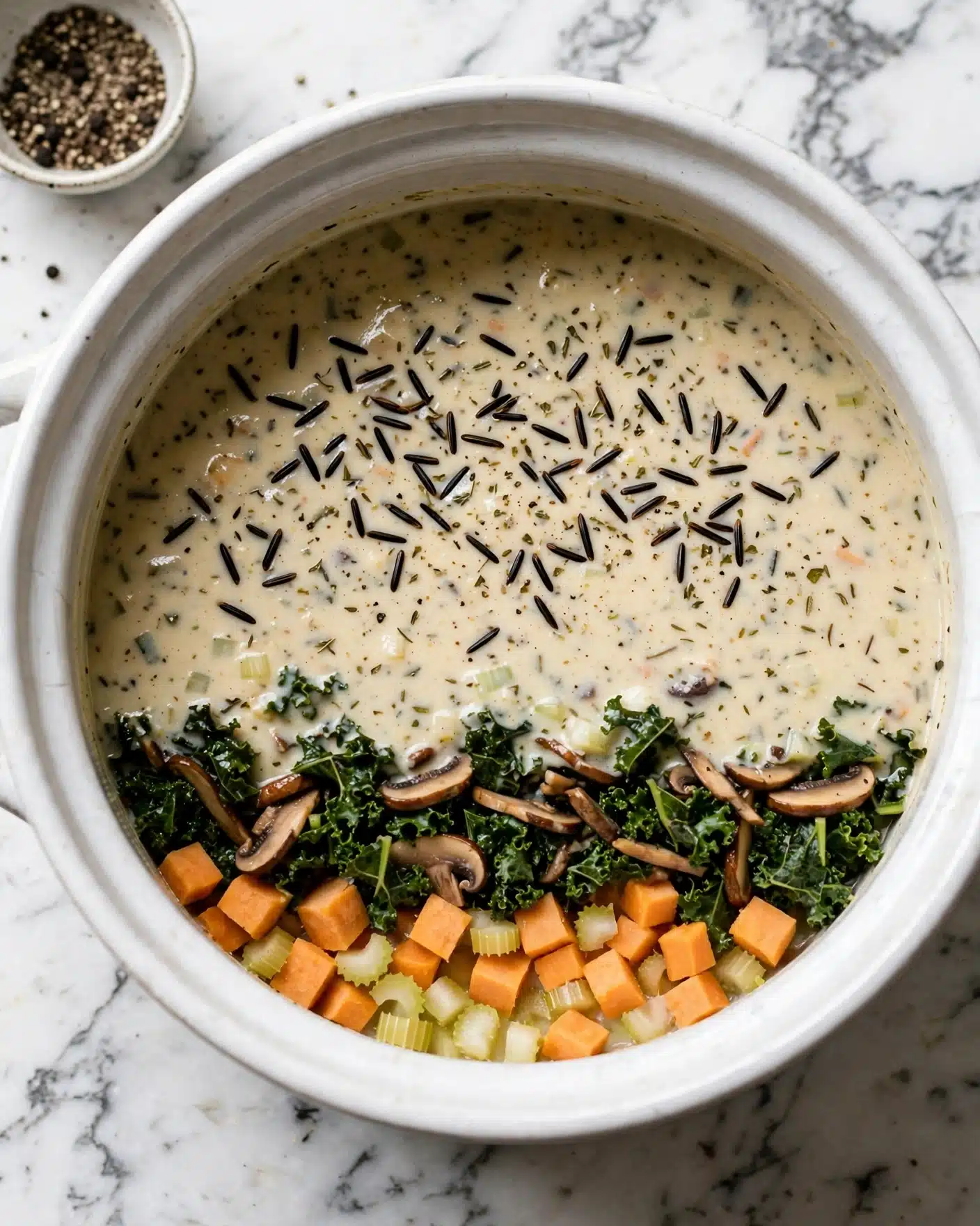 The image shows a white bowl filled with a creamy soup that has three main layers visible. The soup base is light orange and creamy, holding a mix of ingredients that float on top. The first layer has bright orange chunks of sweet potato scattered throughout. The second layer shows dark green leafy kale adding texture and color contrast. The third layer includes light brown mushroom slices and wild black rice pieces spread unevenly around the bowl. There are black pepper pieces sprinkled on top, adding small dark spots. A silver spoon with a wooden handle rests inside the bowl, partially submerged in the soup. The bowl sits on a white marbled surface with part of another similarly filled bowl visible above it. photo taken with an iphone --ar 4:5 --v 7
