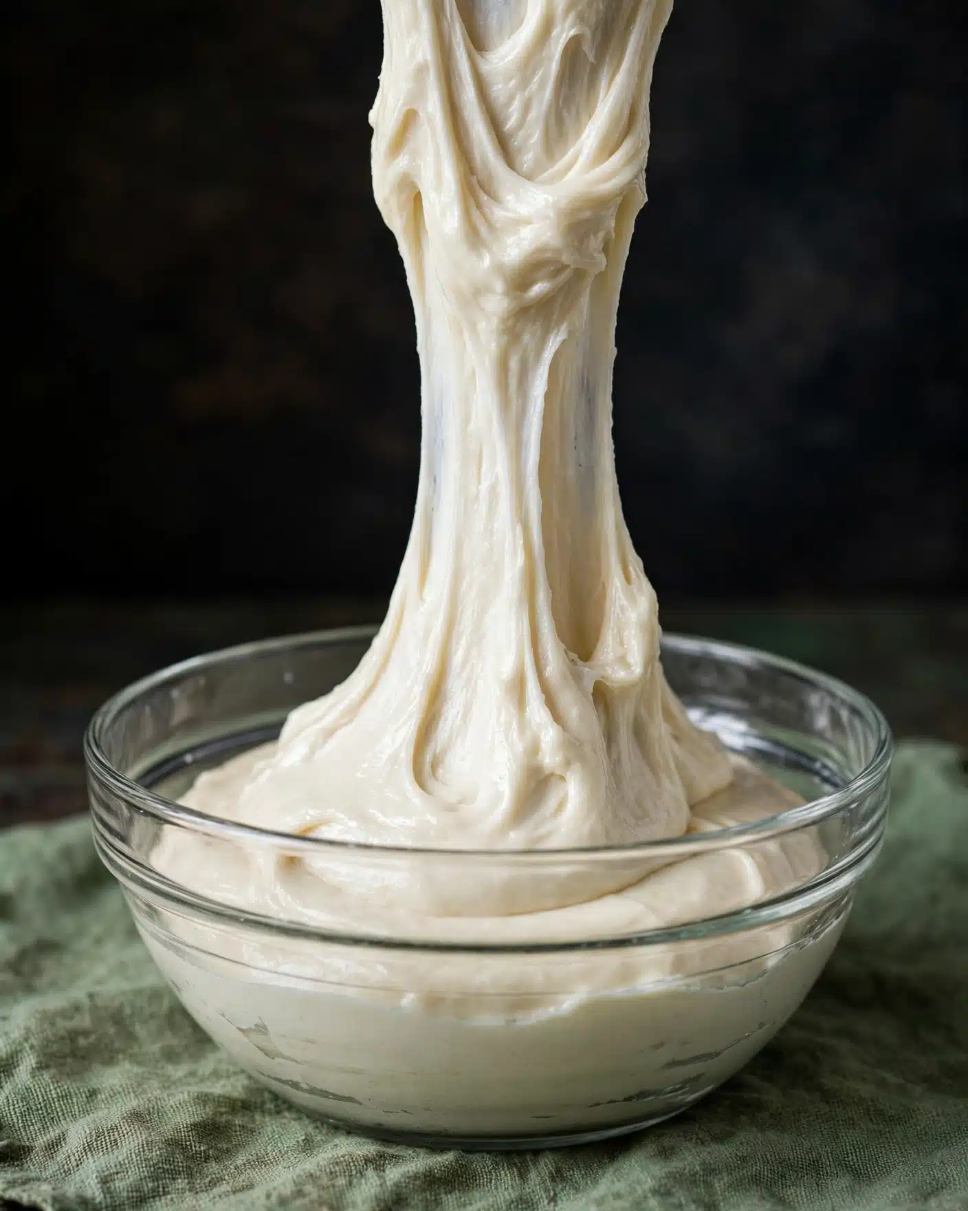 A clear glass bowl filled with smooth, creamy white dough is shown, with a thick stretch of the dough being pulled upward, displaying its elastic and shiny texture. The dough has a glossy surface with visible stretch marks and folds, extending high above the bowl’s rim against a dark background and sitting on a rustic green surface. Photo taken with an iphone --ar 4:5 --v 7