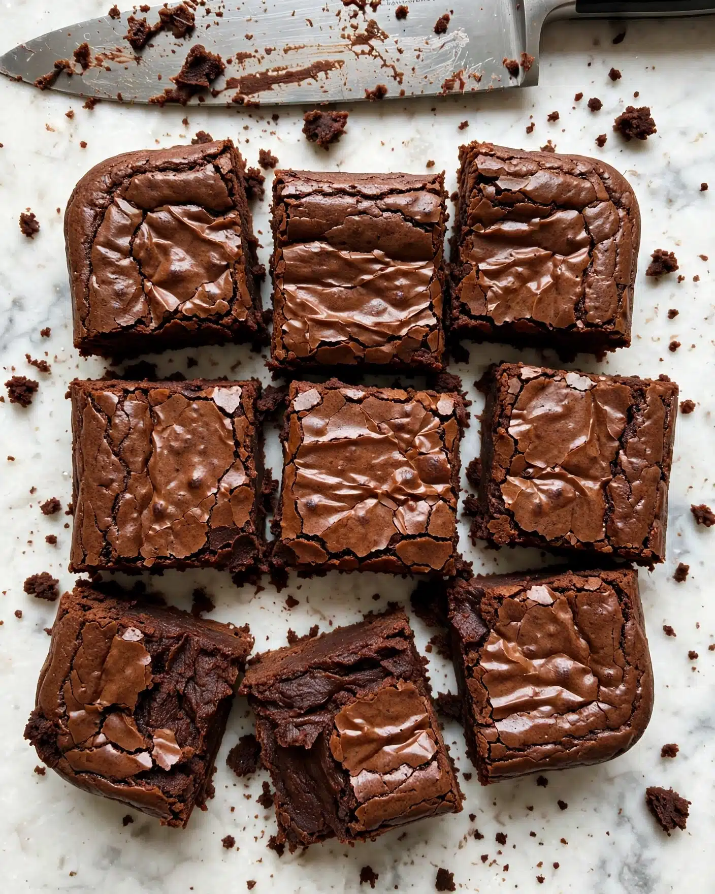 A square batch of rich, dark brown brownies with a slightly shiny, cracked top layer is shown from above. The brownies are cut into nine uneven squares, exposing a dense, moist inside that looks smooth and fudgy under the crust. Crumbs and a large knife with leftover brownie bits rest on the upper side of the white marbled surface. The overall look is warm and inviting, with a mix of textures from the crisp top to the moist center. photo taken with an iphone --ar 4:5 --v 7