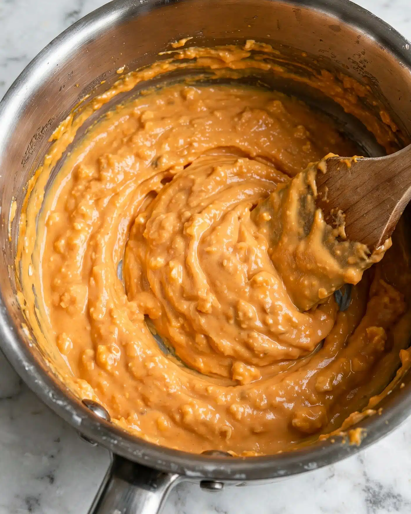 A close-up view of a thick, creamy orange sauce with small lumps, swirling inside a stainless steel saucepan. A wooden spatula with some sauce on its flat end rests in the pan, partially mixing the sauce which has a shiny, smooth texture mixed with some thickness. The pan sits on a white marbled surface. photo taken with an iphone --ar 4:5 --v 7