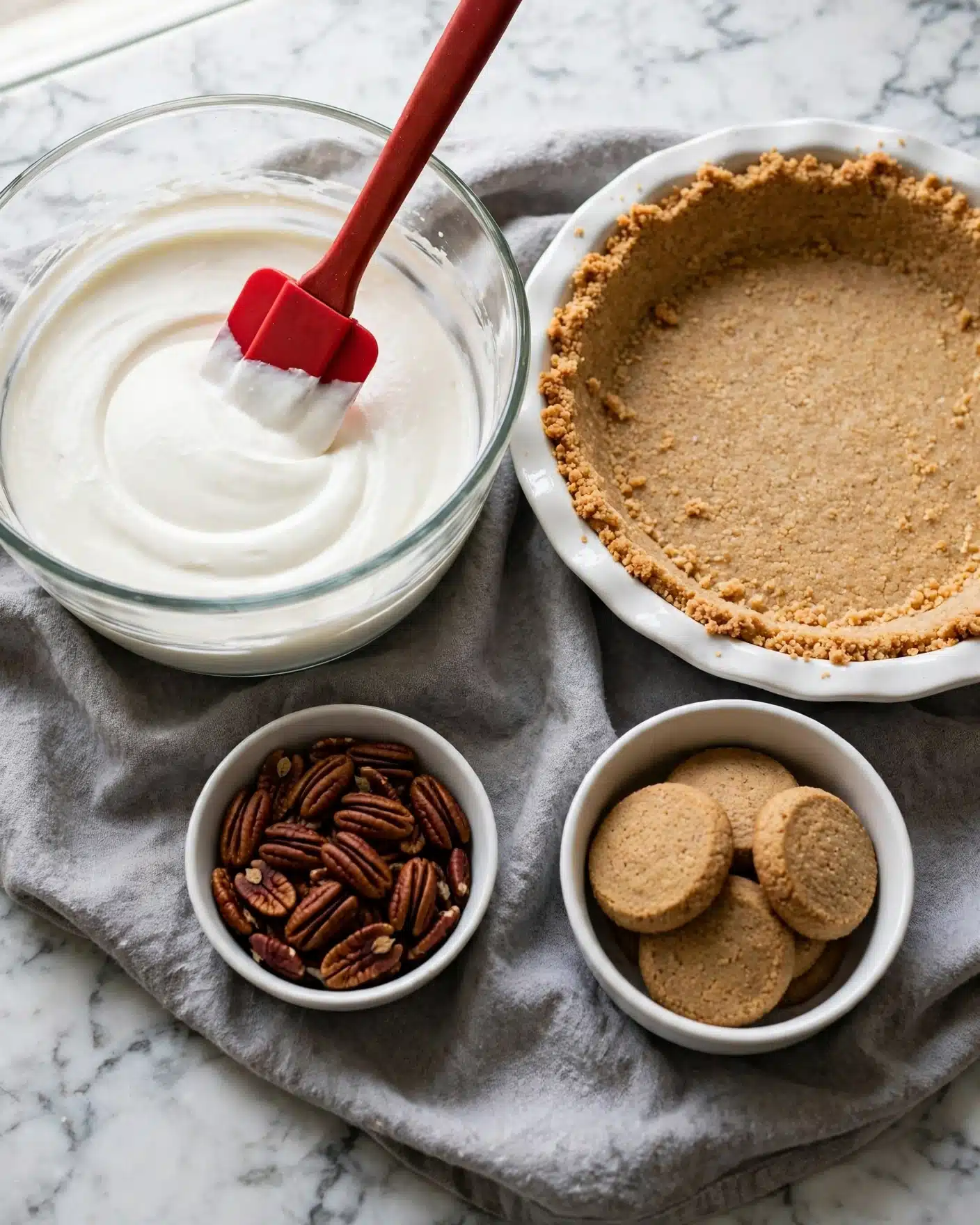 Raspberry Cream Pie Recipe 4 A clear glass bowl sits on a soft gray cloth over a white marbled surface, filled with a thick, smooth white cream being stirred by a red spatula. Next to it, a round white pie dish holds a tan crumbly crust. Nearby, a small white bowl contains light brown round cookies, while another white bowl is filled with dark brown pecans. The setup looks neat and ready for pie assembly photo taken with an iphone --ar 4:5 --v 7