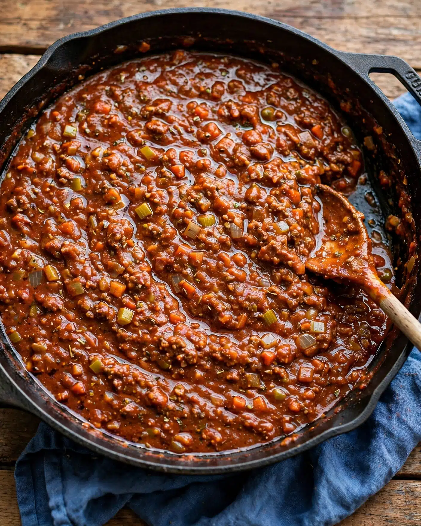 Sloppy Joes Recipe 5 A large pan filled with rich, thick reddish-brown meat sauce mixed with small pieces of vegetables, showing a textured surface with some oil glistening at the top. A wooden spoon rests inside the pan, partially covered with the sauce. The pan sits on a blue cloth on a wooden surface. photo taken with an iphone --ar 4:5 --v 7