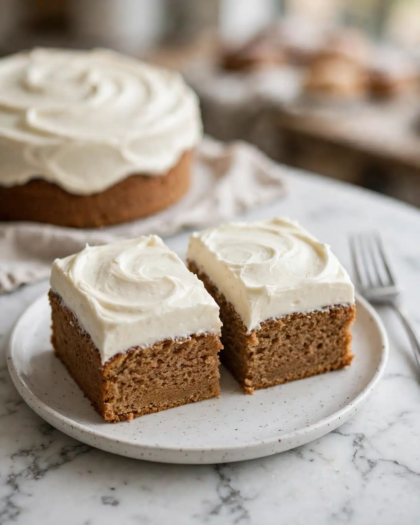 The image shows two square pieces of soft brown cake with a thick, smooth layer of white frosting on top. The frosting looks creamy with gentle swirls, covering the cake evenly. The cake sits on a white speckled plate that rests on a white marbled surface. In the background, there’s a blurred larger cake and a silver fork close to the plate, adding to the cozy setting. photo taken with an iphone --ar 4:5 --v 7