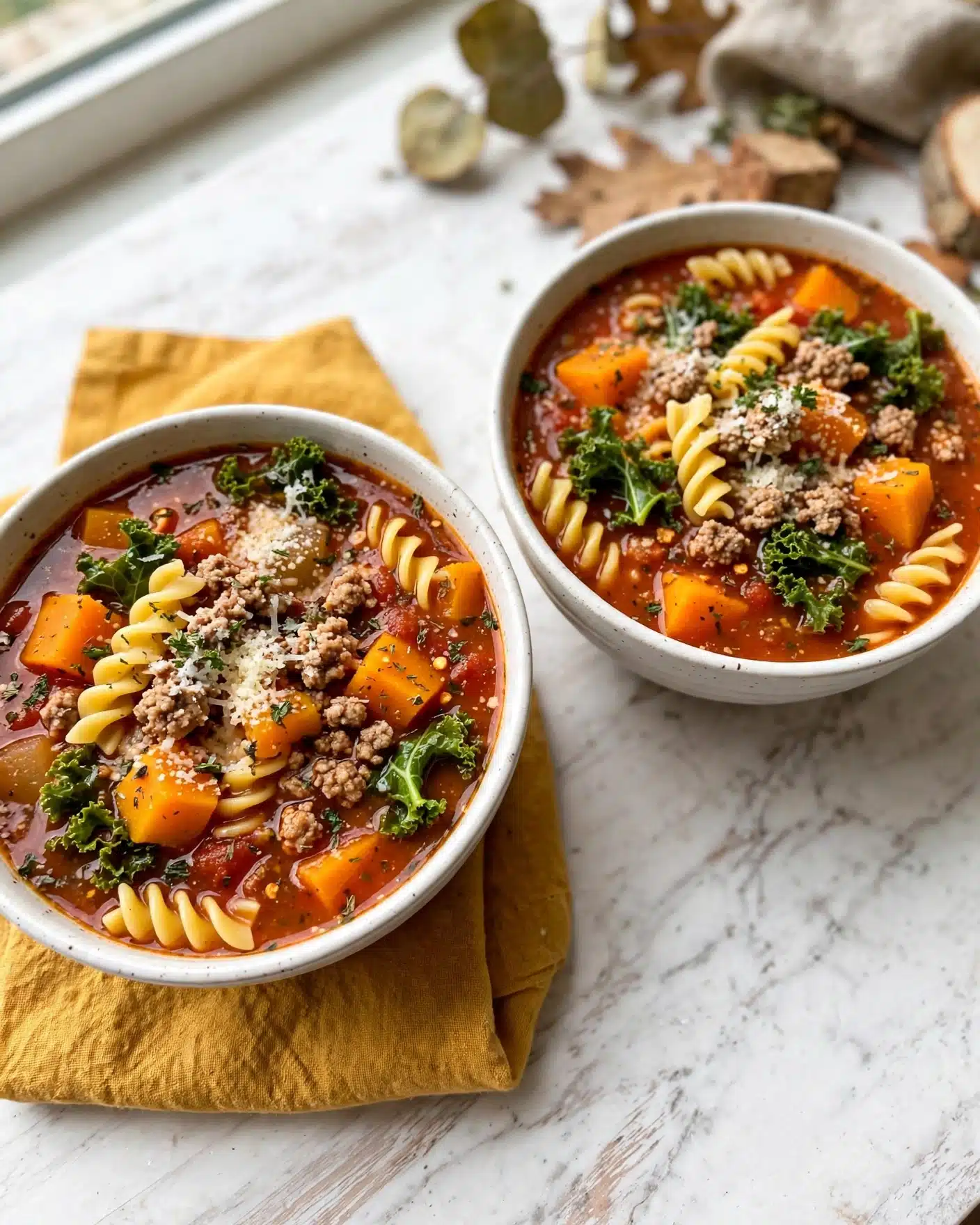 Fall Harvest Minestrone Recipe 5 A white bowl filled with a thick soup showing three main layers: at the bottom are small pieces of ground meat mixed with chopped kale leaves, above that large orange chunks of carrot and tomatoes float in a rich brownish-red broth, and scattered on top are yellow spiral pasta and grated cheese specks. A silver spoon holding a carrot piece rests inside the bowl. The bowl sits on a white marbled surface with some green leaves and spices in the background. Photo taken with an iphone --ar 4:5 --v 7