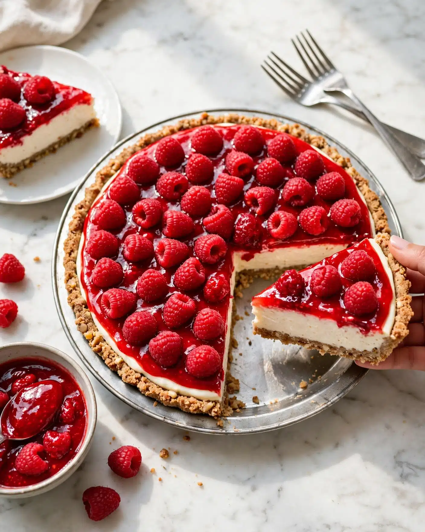 Raspberry Cream Pie Recipe 5 A slice of cheesecake sits on a white plate with a crunchy light brown crumb base as the bottom layer, a thick creamy white middle layer, and a glossy red layer of raspberry sauce topped with whole red raspberries. Next to it, another slice on a white plate shows the same layers. Behind them is a round cheesecake with the same three layers and topped with many raspberries, resting on a white marbled surface covered by a pale blue cloth. Two small white bowls hold raspberry sauce and fresh raspberries. Three forks with green handles and gold prongs lie next to the plates. The photo taken with an iphone --ar 4:5 --v 7