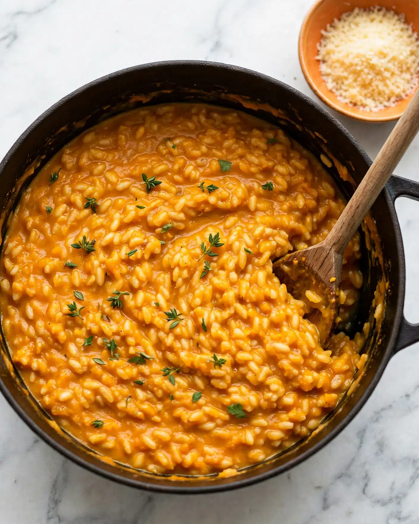 Pumpkin Risotto Recipe 5 A close-up view of a pot filled with creamy orange risotto mixed with small green herb leaves on top. The risotto has a thick texture with visible rice grains fully coated in the orange sauce. A wooden spoon is resting inside the pot on the right side, slightly stirring the risotto. The pot is placed on a white marbled surface with a small orange bowl containing grated cheese in the top right corner. The scene is bright and simple, focusing on the pot and its contents. Photo taken with an iphone --ar 4:5 --v 7