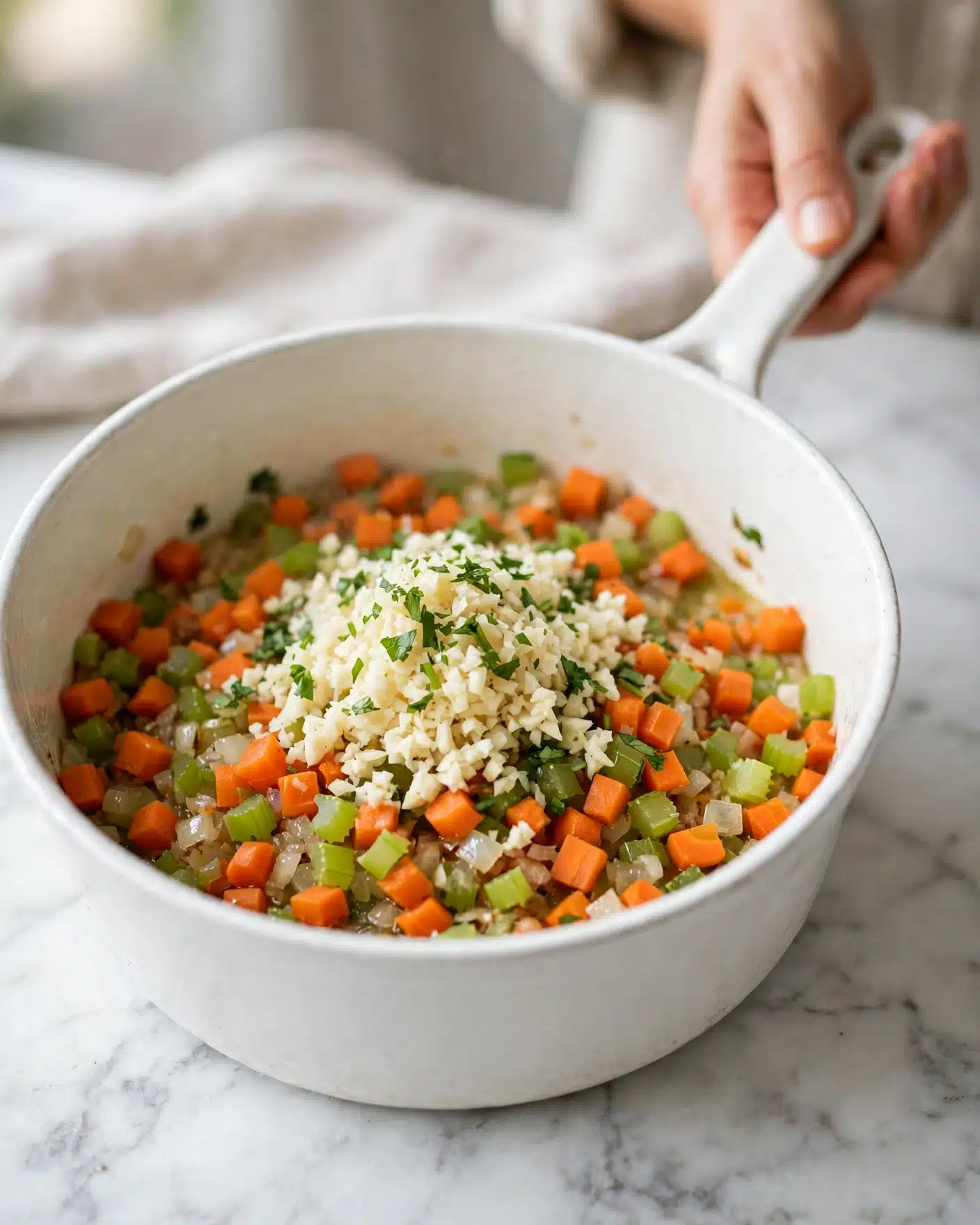Fall Harvest Minestrone Recipe 4 A white pot filled with a mixture of small, diced orange carrots, green celery, and finely chopped onions cooking at the bottom. On top of the vegetables, there is a heap of finely minced garlic and sprinkled green herbs, all sitting on a white marbled surface. A woman's hand holding the pot handle can be seen in the background. Photo taken with an iphone --ar 4:5 --v 7