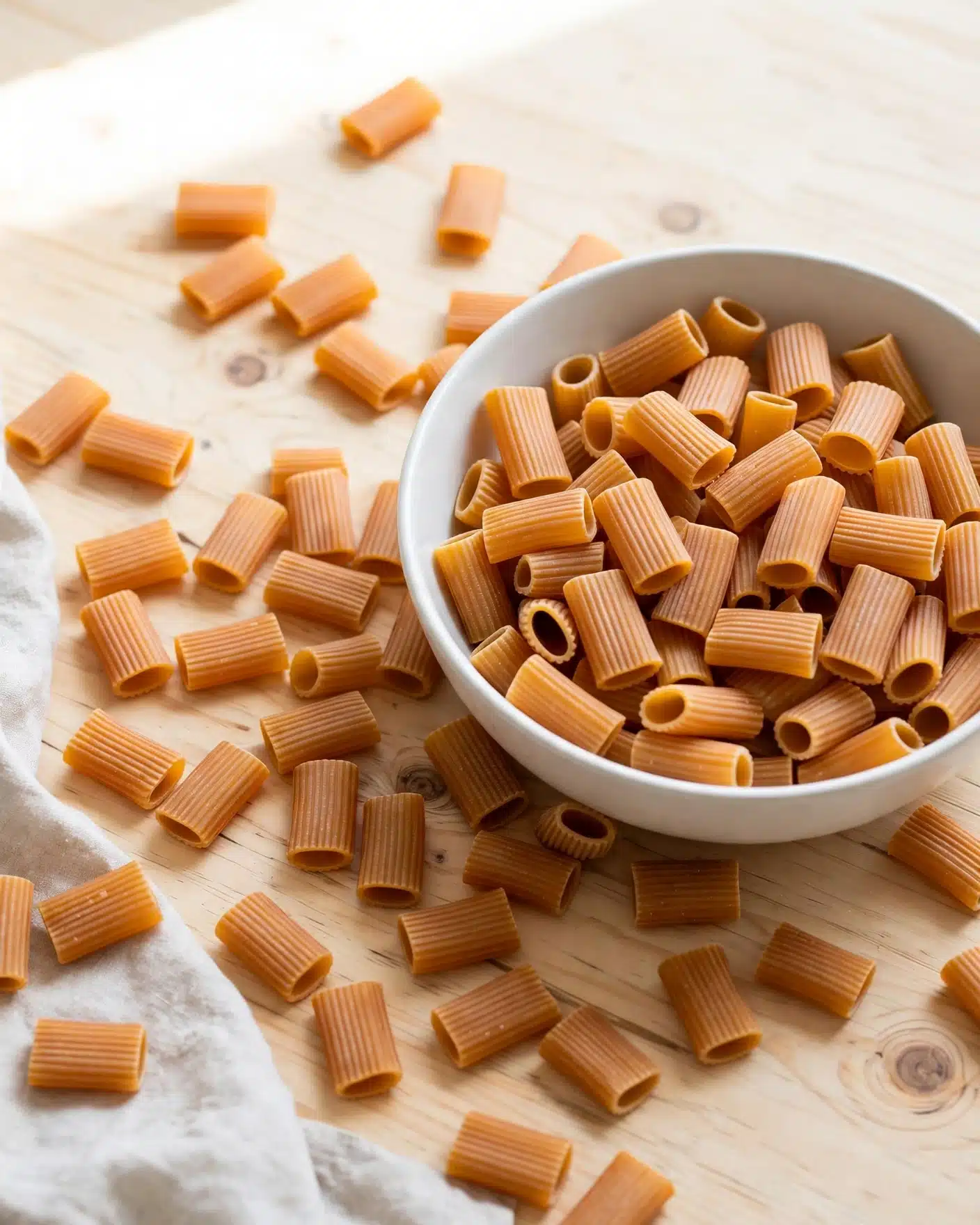 A close-up view of a single layer of dry, twisted tube pasta with a smooth, shiny surface and a warm orange-brown color fills a white bowl, showing the hollow centers and slight ridges on each piece. The bowl sits on a white marbled surface. photo taken with an iphone --ar 4:5 --v 7