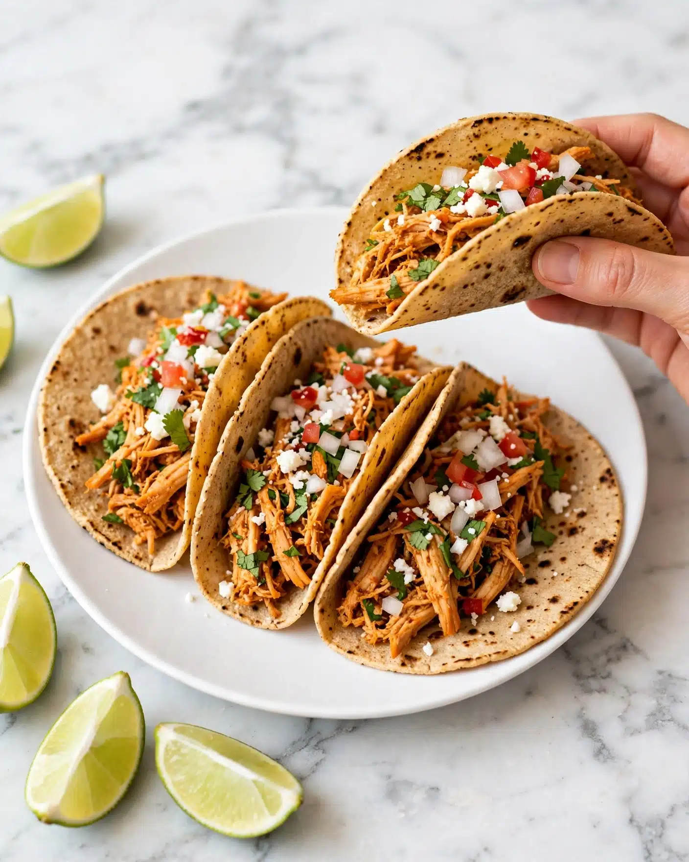 Three tacos in soft yellow corn tortillas sit close together on a white marbled surface. Each taco has a bottom layer of green guacamole with a smooth texture, topped with shredded orange-colored cooked chicken. On top of the chicken are small white crumbles of cheese, scattered pieces of diced red onion, and chopped fresh green cilantro leaves. Around the tacos, there are lime wedges and some cilantro leaves on the white marbled surface. The photo taken with an iphone --ar 4:5 --v 7