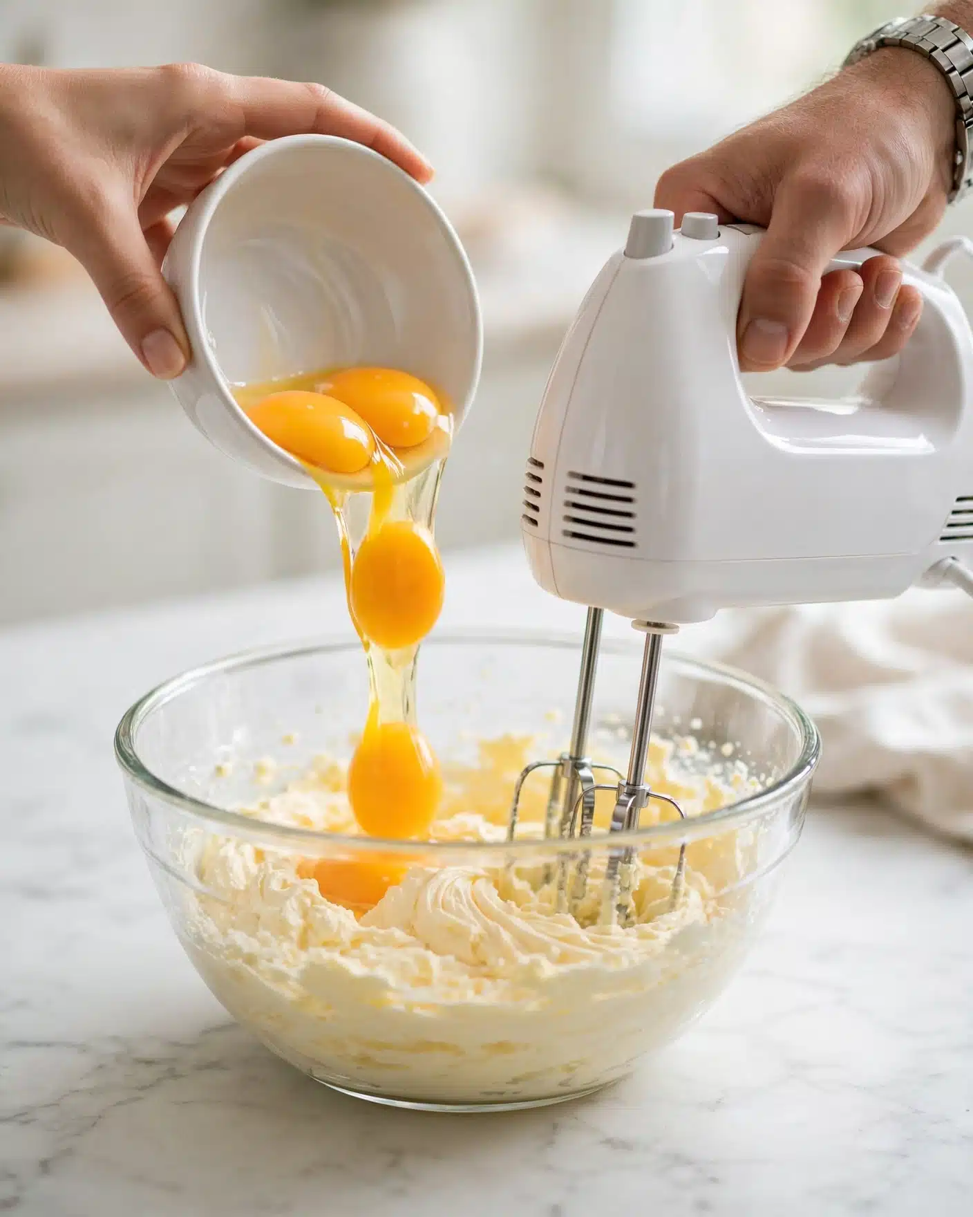 Lemon Bundt Cake Recipe 4 A clear glass mixing bowl sits on a white marbled surface, filled with a fluffy pale yellow creamy mixture. A woman's hand holds a white bowl tilted, pouring three orange-yellow egg yolks into the glass bowl. A man's hand operates a white electric hand mixer with two metal beaters partially immersed in the mixture. The background is softly lit with a light-colored setting, emphasizing the mixing action. photo taken with an iphone --ar 4:5 --v 7