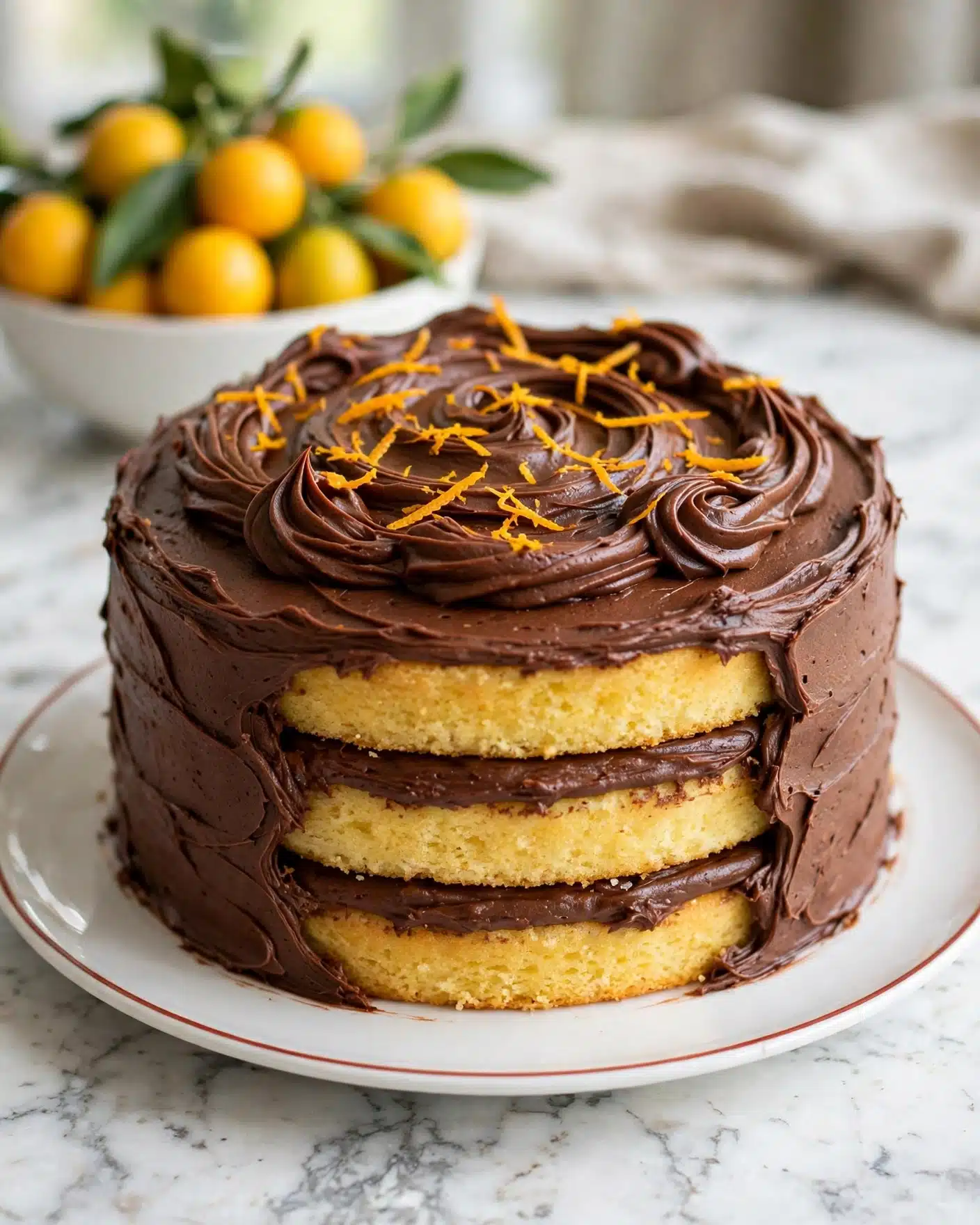 A three-layer yellow cake with rich dark brown chocolate frosting between each layer and all around the outside, topped with thick swirled chocolate frosting and thin orange zest strips scattered on top. The cake sits on a white plate with a thin reddish rim, placed on a white marbled surface. In the background, there is a white bowl filled with small bright yellow fruits with green leaves. Photo taken with an iphone --ar 4:5 --v 7