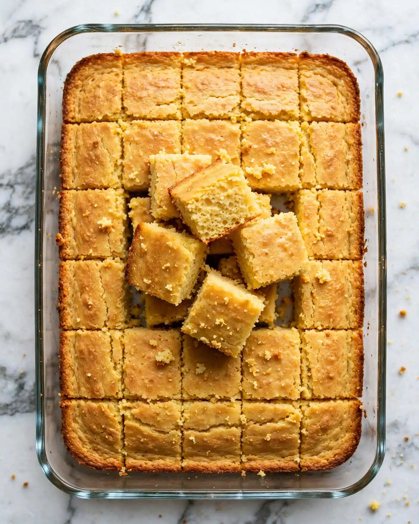 The image shows a clear glass rectangular baking dish filled with a single layer of golden brown cornbread, cut into many small square pieces. The cornbread has a slightly textured top with a crispy edge around the dish. In the center, some squares have been lifted out and placed in a small loose pile, showing the soft, porous inside of the cornbread. This dish is placed on a white marbled surface. Photo taken with an iphone --ar 4:5 --v 7