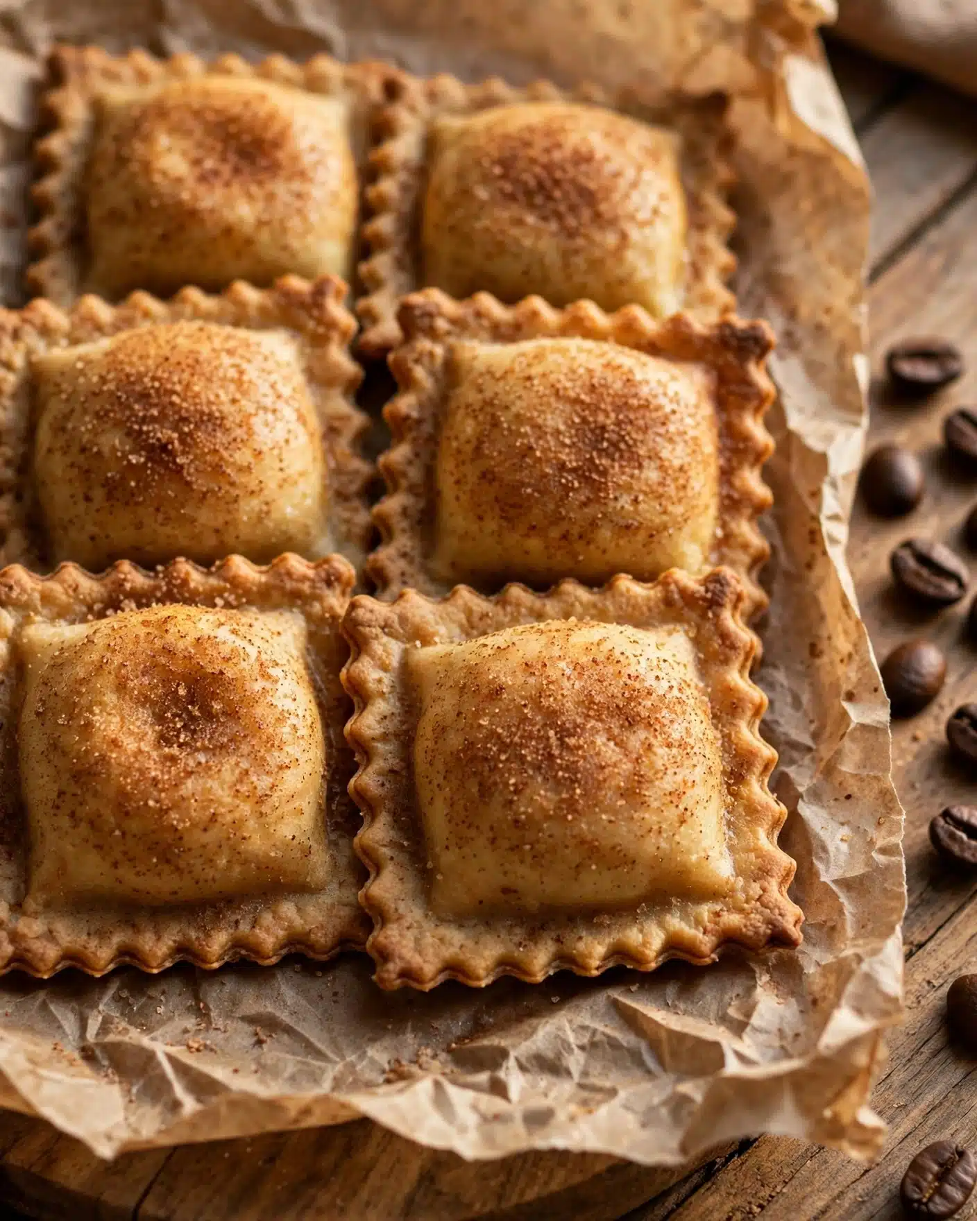 A close-up view of six square-shaped ravioli pieces arranged closely on crinkled brown paper, each with a puffy, golden-brown top dusted with a light layer of granulated brown sugar or cinnamon. The ravioli edges are crimped in a wavy pattern with a slightly rough texture. The paper lays on a wooden surface, and a few whole coffee beans are scattered to the right side. The warm colors and soft light give a cozy, fresh-baked feel. photo taken with an iphone --ar 4:5 --v 7