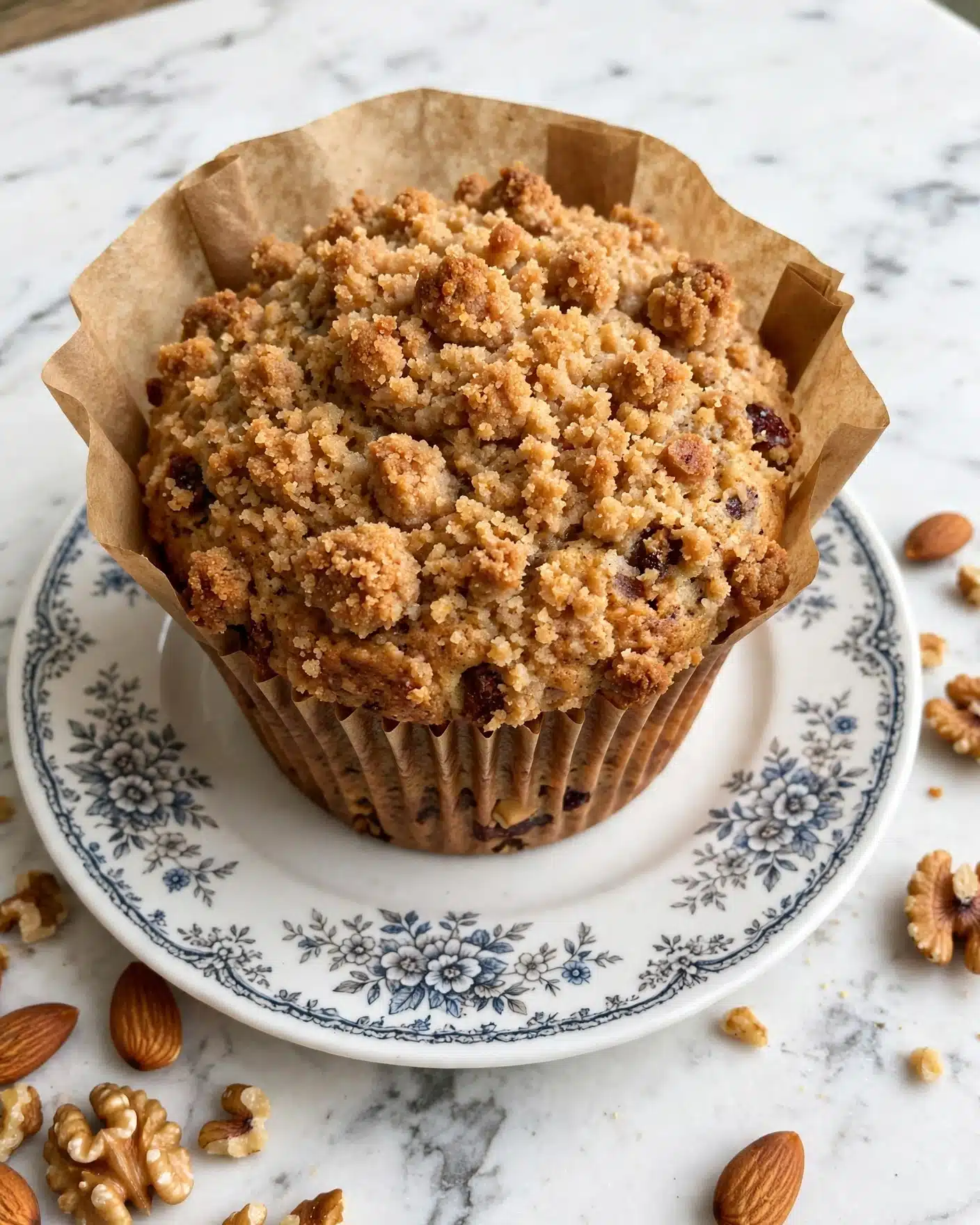 The image shows a single muffin with a crumbly, golden-brown topping that looks rough and crunchy. The muffin itself has a light brown color with darker spots, suggesting ingredients like nuts or fruit inside, and is wrapped in a brown paper liner that extends above the muffin's top edge. It sits on a white plate with a detailed floral pattern, placed against a white marbled surface with some scattered nuts nearby. The lighting highlights the texture and crumbly top layer clearly. photo taken with an iphone --ar 4:5 --v 7