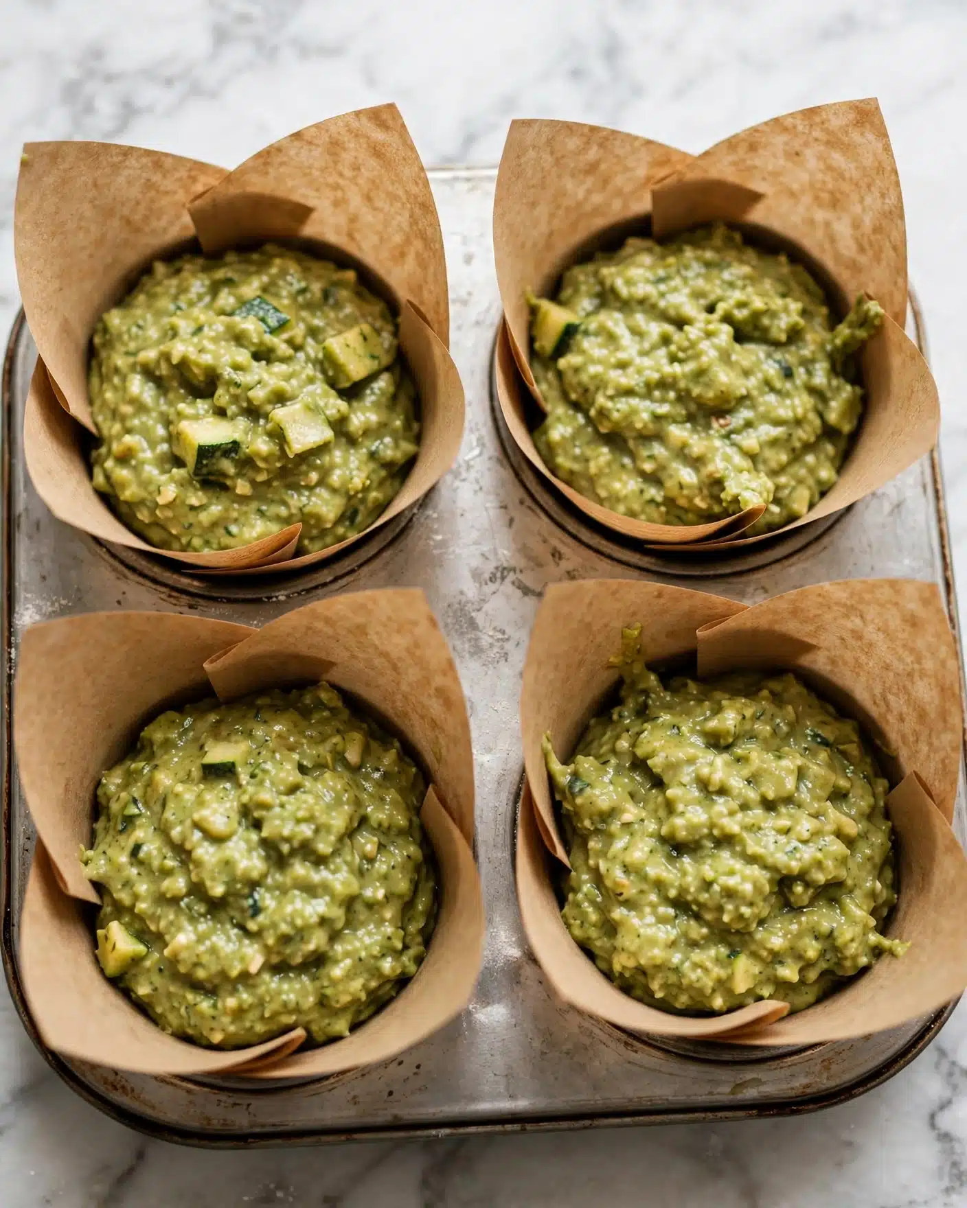 A metal muffin tray holds four brown paper liners filled with a thick, greenish batter that has small chunks and a slightly lumpy texture. Each liner is shaped like an open flower with pointed edges, and the batter fills about three-quarters of each liner, spreading unevenly with soft peaks and dips. The tray rests on a white marbled surface, and the overall scene has a warm, light brown tone. photo taken with an iphone --ar 4:5 --v 7