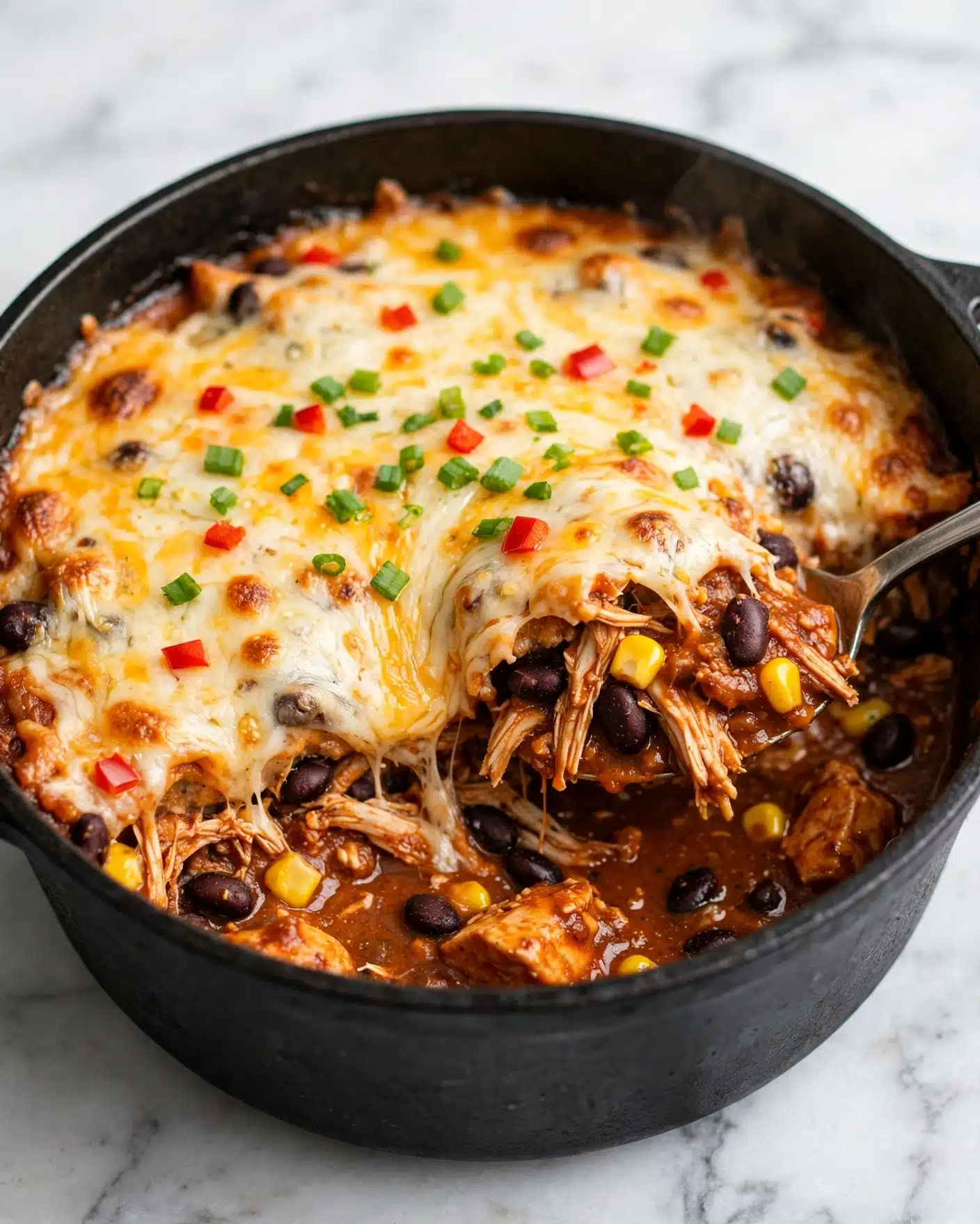 A close-up view of a black bowl filled with a layered dish starting with a thick red sauce at the bottom. Over the sauce, there are melted white and orange cheeses spread unevenly, with some browned edges showing a baked texture. Scattered on top are thin slices of light green scallions and small red pepper pieces, adding contrast and freshness to the dish. The surface looks glossy and warm, with melted cheese stretching in some areas, giving it a rich and hearty appearance. The bowl sits on a white marbled texture. photo taken with an iphone --ar 4:5 --v 7