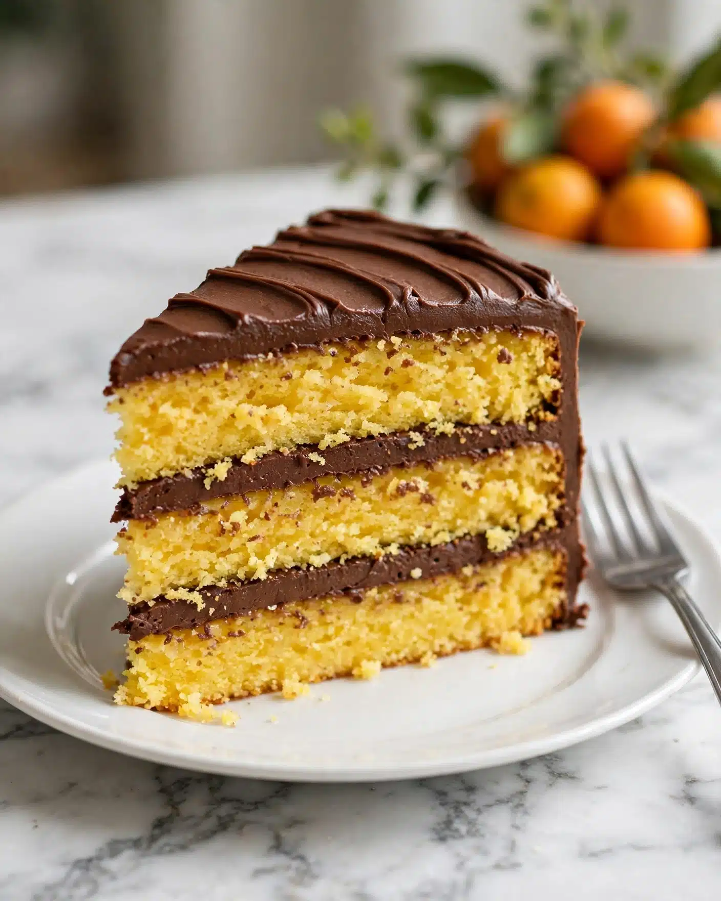 A three-layer cake slice is shown on a white plate with a fork beside it. The cake layers are bright yellow with a slightly crumbly texture. Between each cake layer is a thick, smooth, dark brown chocolate frosting, which also covers the top of the slice with ridged patterns. The background has a white marbled surface, and in the out-of-focus background, a white bowl filled with small orange fruits and green leaves is partially visible. Photo taken with an iphone --ar 4:5 --v 7