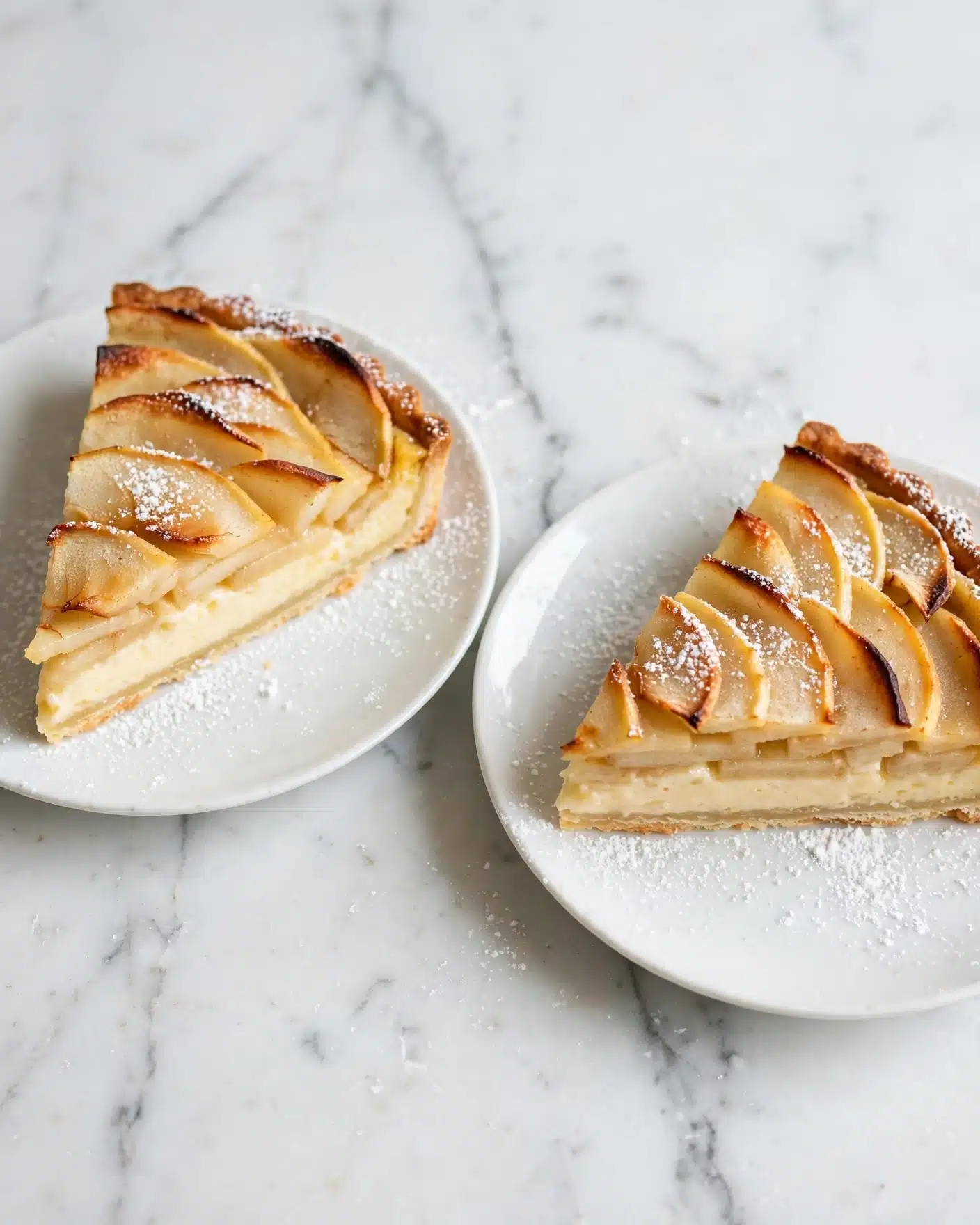 The image shows two triangular slices of a light golden baked tart on separate white plates, both placed on a white marbled surface. Each slice has a thin, slightly darker golden crust at the base, a creamy pale yellow filling in the middle, and thinly sliced fruit arranged in overlapping layers on top, browned lightly with a gentle caramelized texture. There is a light dusting of powdered sugar over the tart slices and plates, adding a soft white contrast to the warm tones. The tart slices appear moist and tender, with clear definition between crust, filling, and fruit layers. photo taken with an iphone --ar 4:5 --v 7
