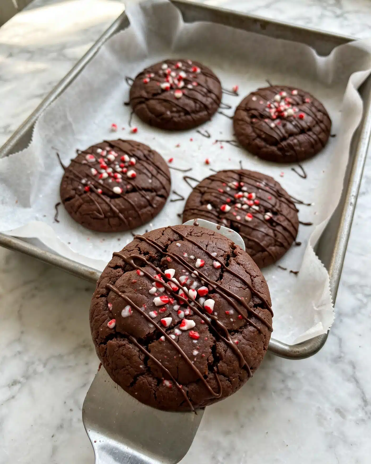Triple Chocolate Candy Cane Cookies Recipe 5 The image shows dark brown chocolate cookies with a soft texture, each topped with thin lines of melted chocolate and small red-and-white candy pieces scattered on top. The cookies are placed on white baking parchment on a pan, which rests on a white marbled surface. One cookie is held by a metal spatula in the front, showing more detail of its round shape and cracked surface sprinkled with candy bits. Photo taken with an iphone --ar 4:5 --v 7