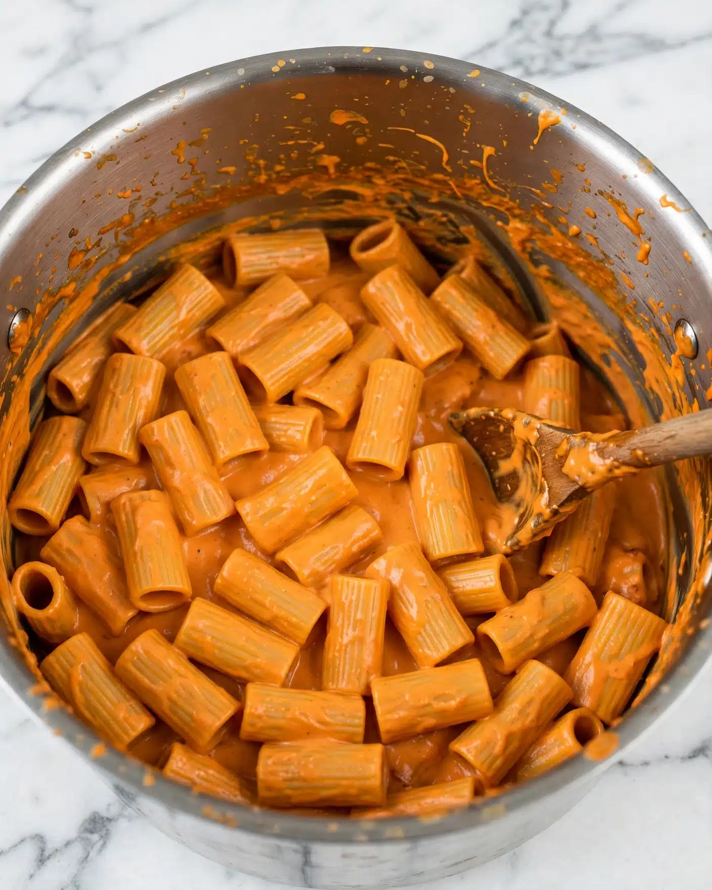 The image shows a large pot filled with rigatoni pasta covered in a thick, smooth orange sauce that fully coats each piece. The pasta is tube-shaped with ridges and is evenly mixed with the creamy sauce, creating a uniform, rich texture. A wooden spoon sits in the pot, partially submerged in the pasta, with some sauce clinging to it. The pot’s inner sides have some sauce splattered around, showing it was stirred recently. The background has a white marbled texture. photo taken with an iphone --ar 4:5 --v 7