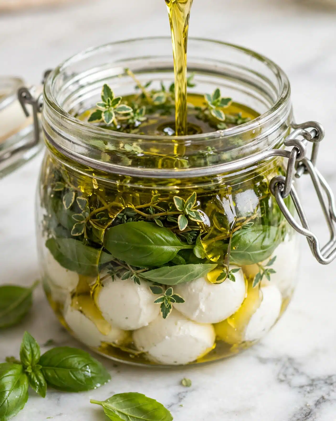 Marinated Goat Cheese and Strawberry Crostini Recipe 4 A clear glass jar filled with several layers: at the bottom, soft white cheese balls; on top of them, fresh green herbs with different shapes and textures, including smooth basil leaves and small, variegated thyme sprigs; golden olive oil is being poured over the top, creating a shiny liquid layer that coats the cheese and herbs inside the jar. Outside the jar, a few basil leaves rest on a white marbled surface, and the jar's metal clasp is visible on the right side. The image is bright and natural, focusing closely on the jar. photo taken with an iphone --ar 4:5 --v 7