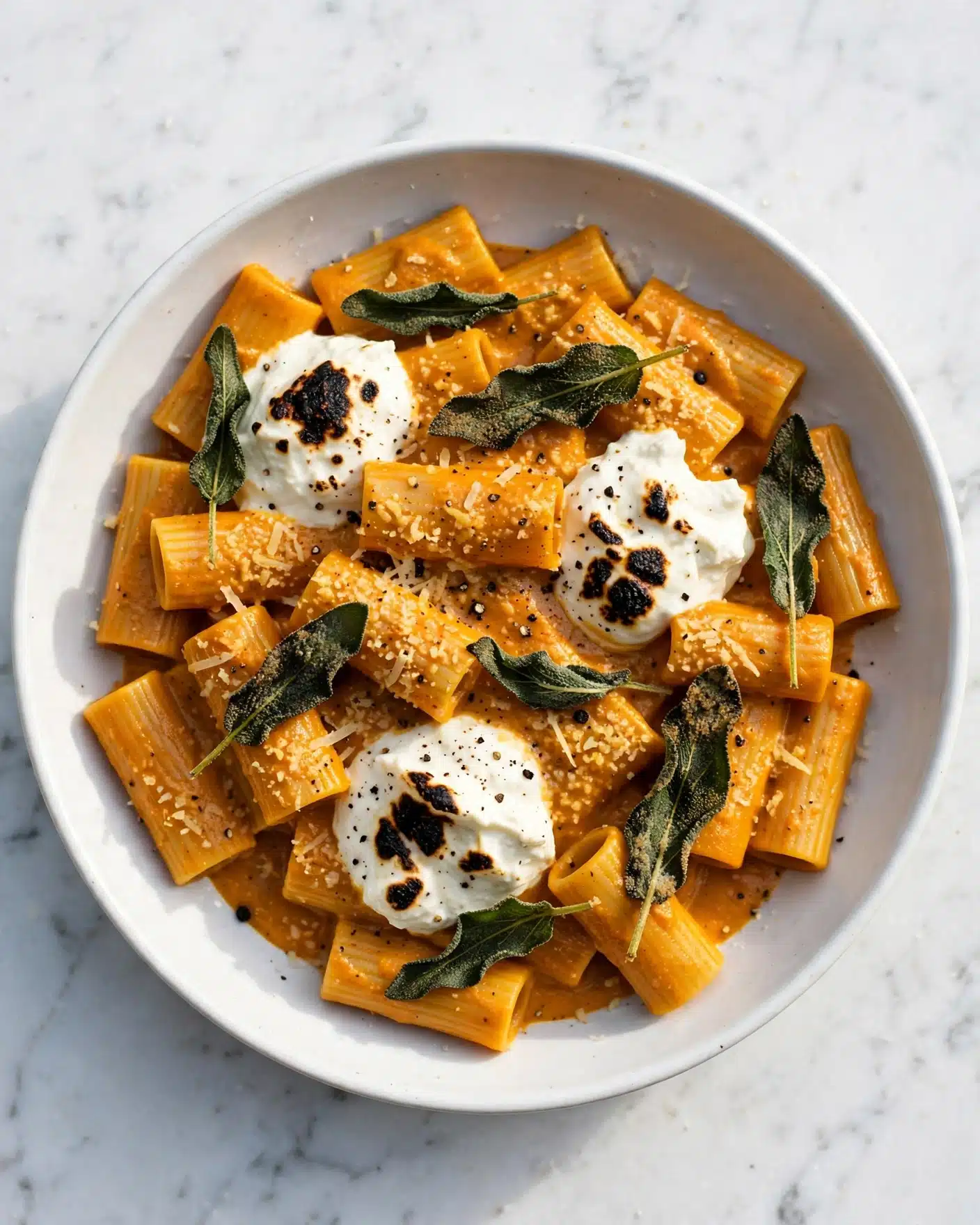 In a white bowl, there is a dish with two main layers: the bottom layer is short tubular pasta covered in a thick, smooth orange sauce, spread evenly across the bowl. On top, there are dollops of white creamy cheese, unevenly placed, with small charred dark spots on the cheese’s surface. Scattered on top are a few large green fried sage leaves, adding texture and color contrast. The pasta has a light sprinkling of grated cheese and cracked black pepper all over, giving a speckled look that ties the dish together. The photo is taken on a white marbled surface. photo taken with an iphone --ar 4:5 --v 7
