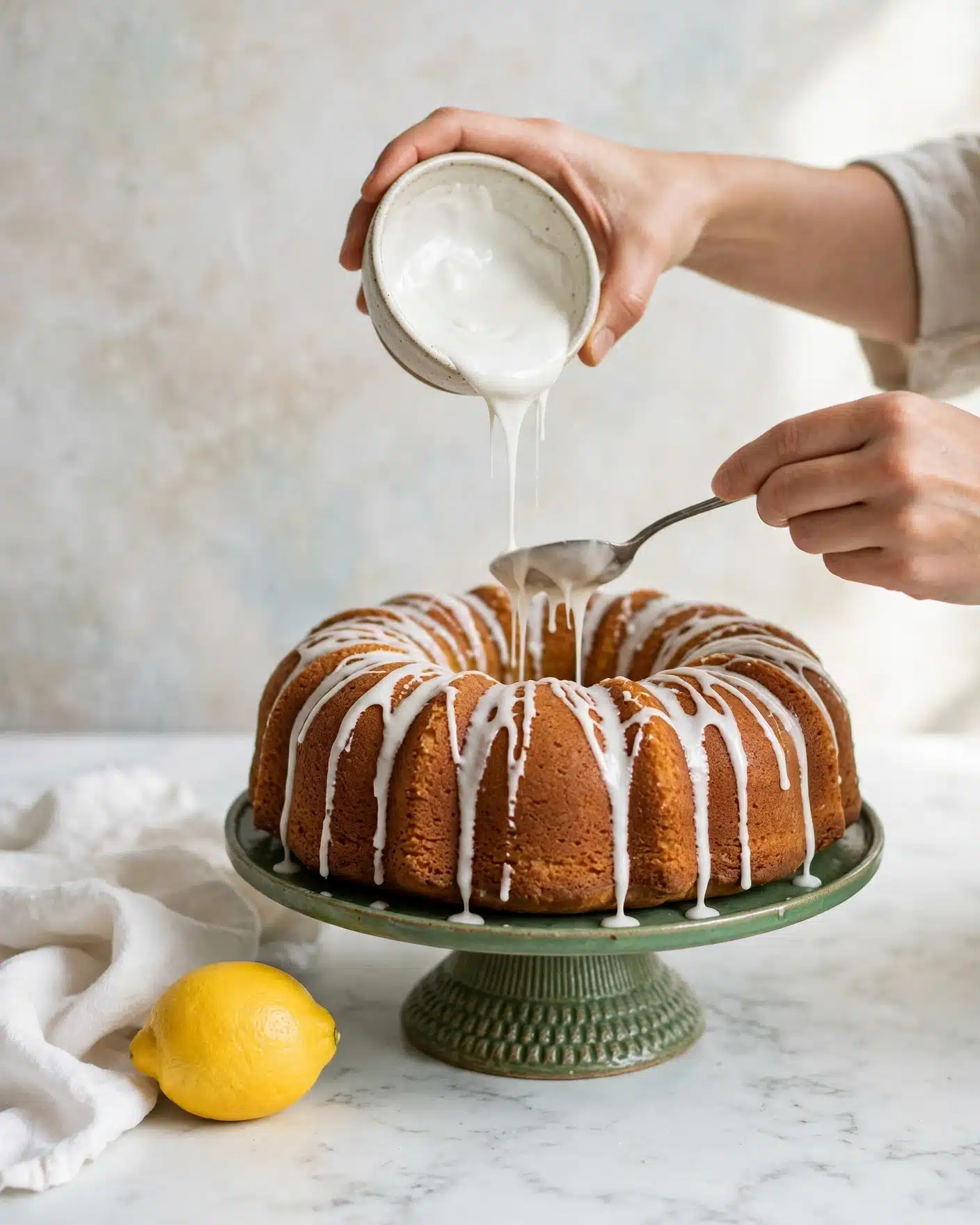 Lemon Bundt Cake Recipe 5 A golden brown bundt cake with eight rounded sections sits on a green cake stand with a textured base, placed on a white marbled surface. A person's woman’s hand holds a small bowl filled with white icing above the cake, while their other hand uses a spoon to drizzle the icing over the top, letting it flow down the sides in uneven streams. To the left of the cake stand, there is a bright yellow lemon and a white cloth casually folded on the surface. The background is lightly colored with soft, washed-out patterns. Photo taken with an iphone --ar 4:5 --v 7